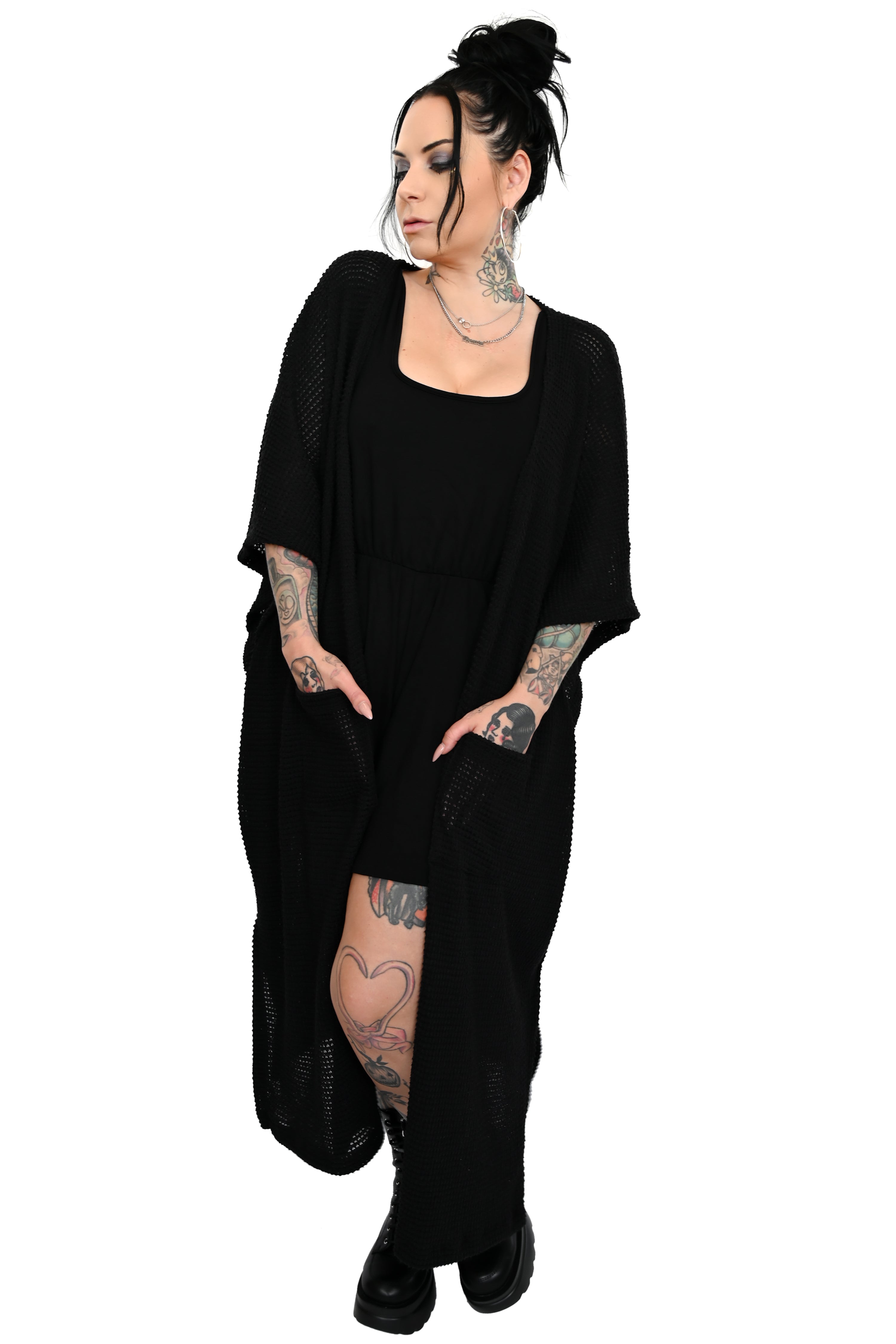 oversized open front waffle cardigan