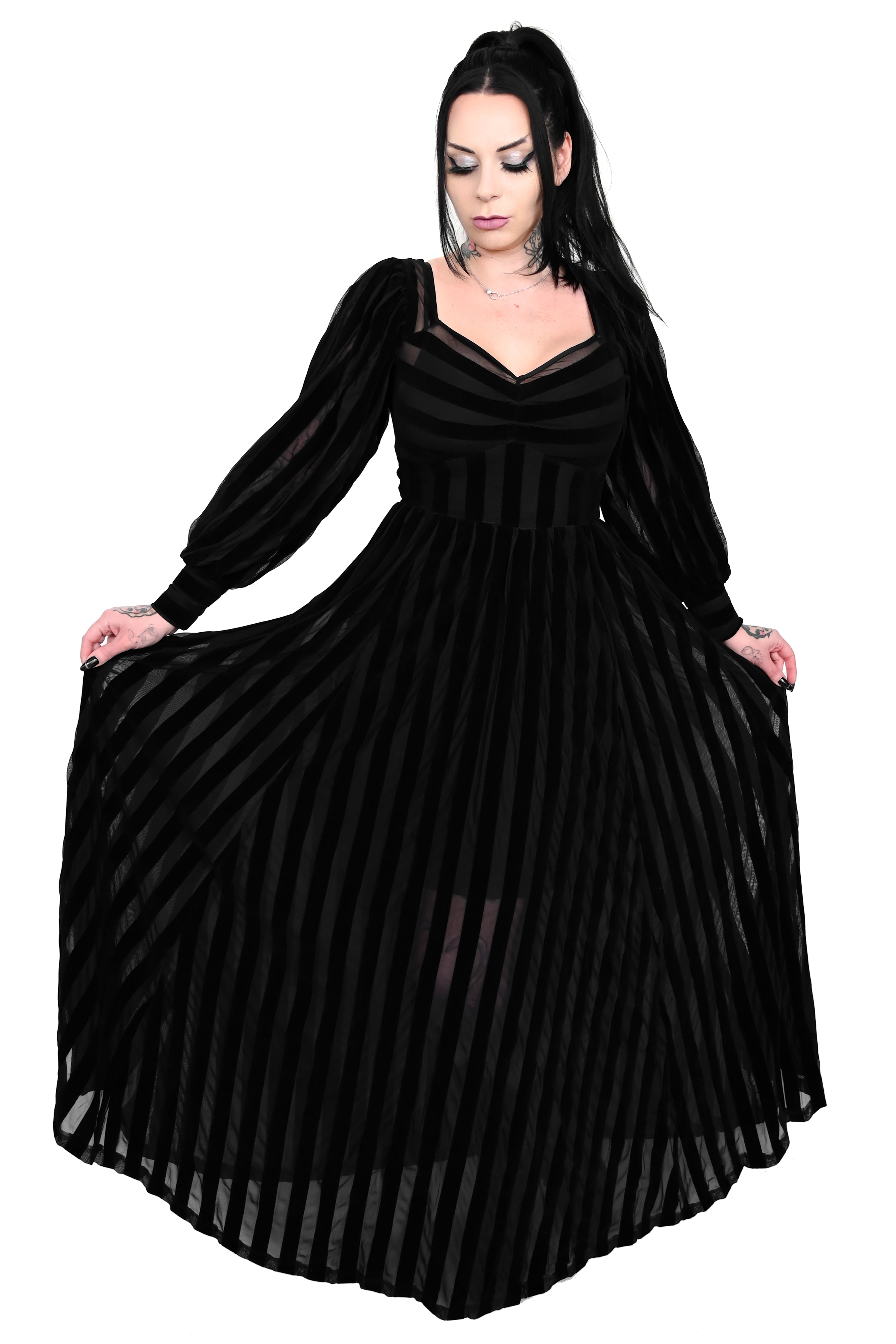 black on black striped mesh maxi dress with flocked stripes and bishop sleeves