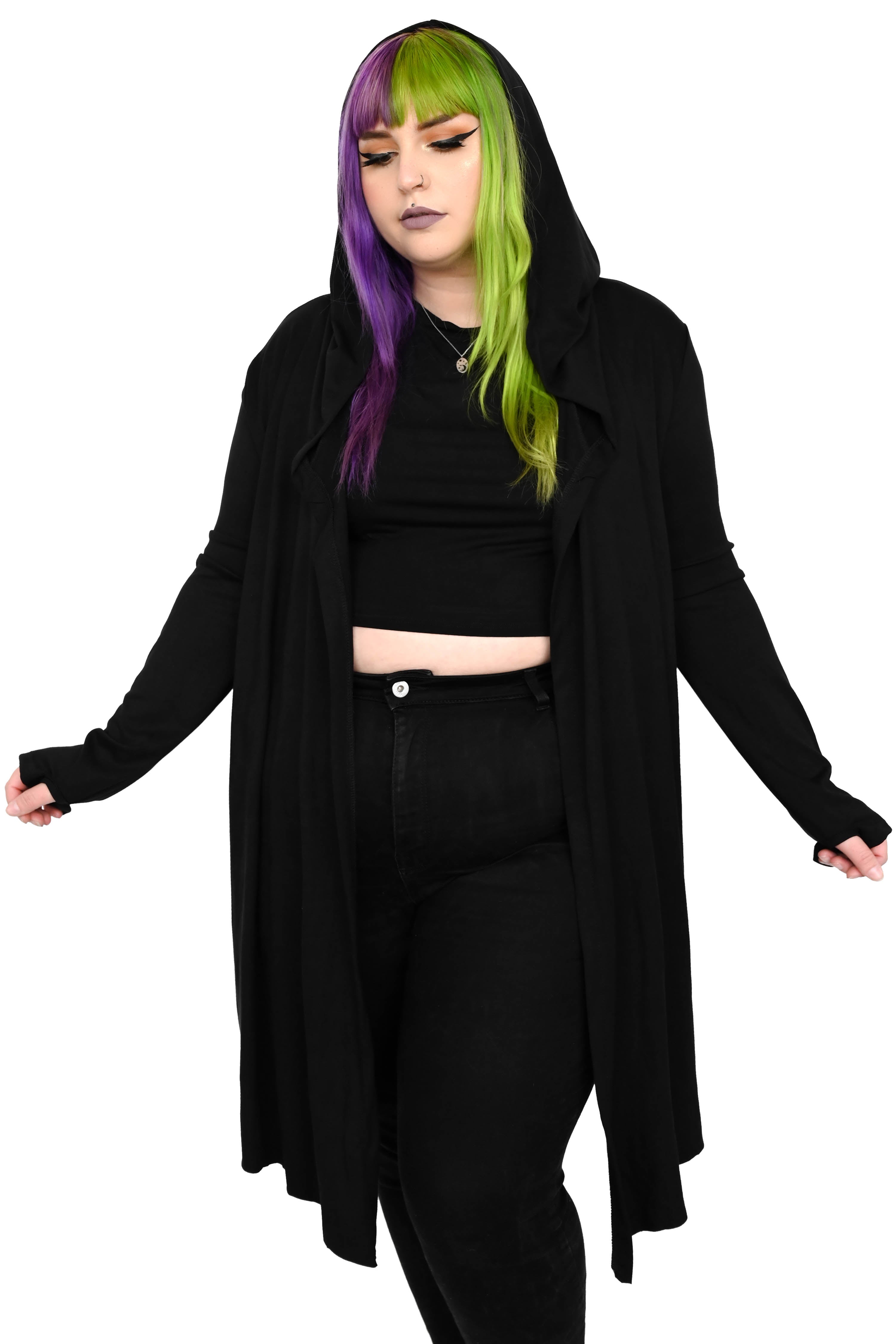 soft black open front cardigan with thumbholes and loose hood