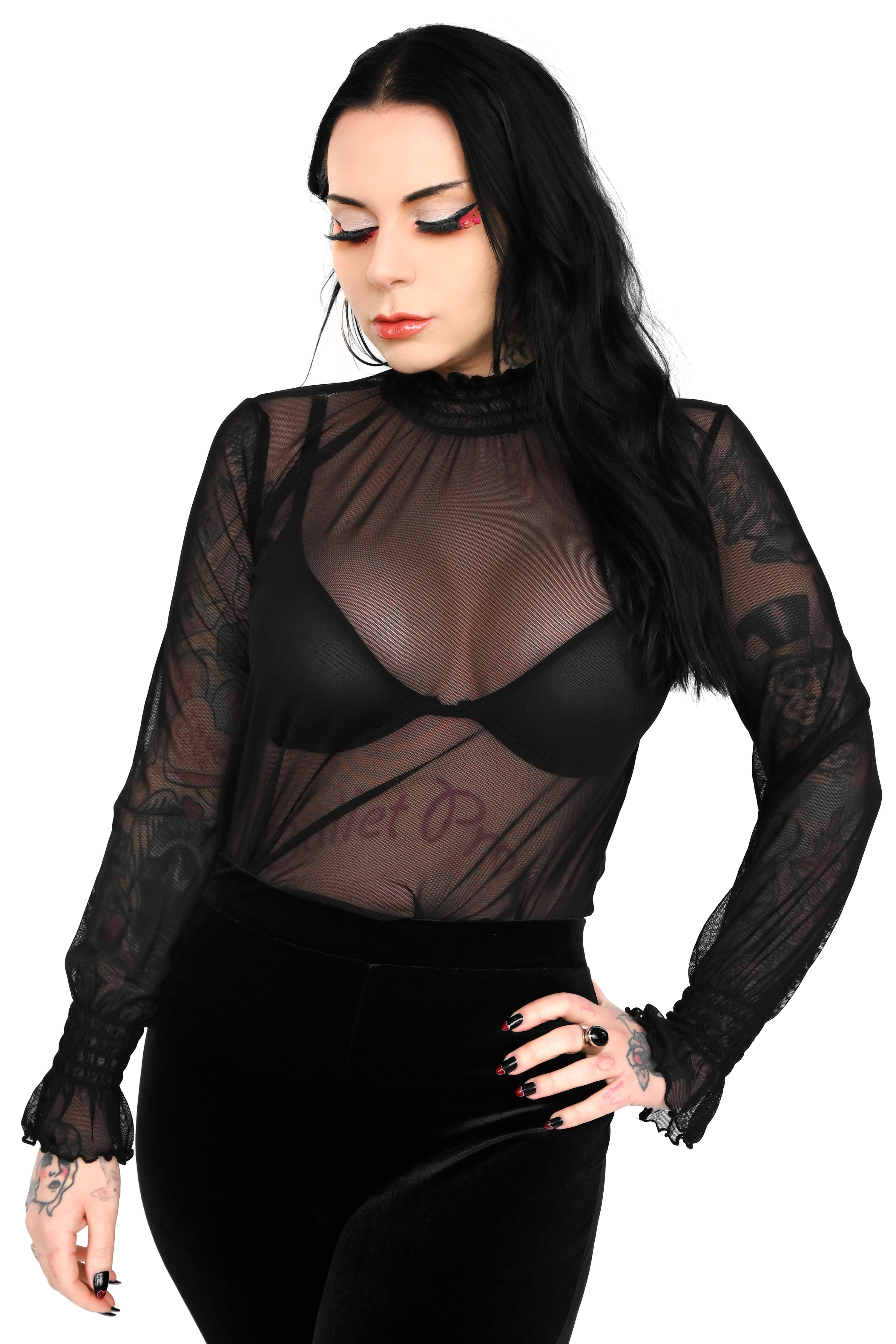 Black long sleeve mesh top with ruched collar and sleeves
