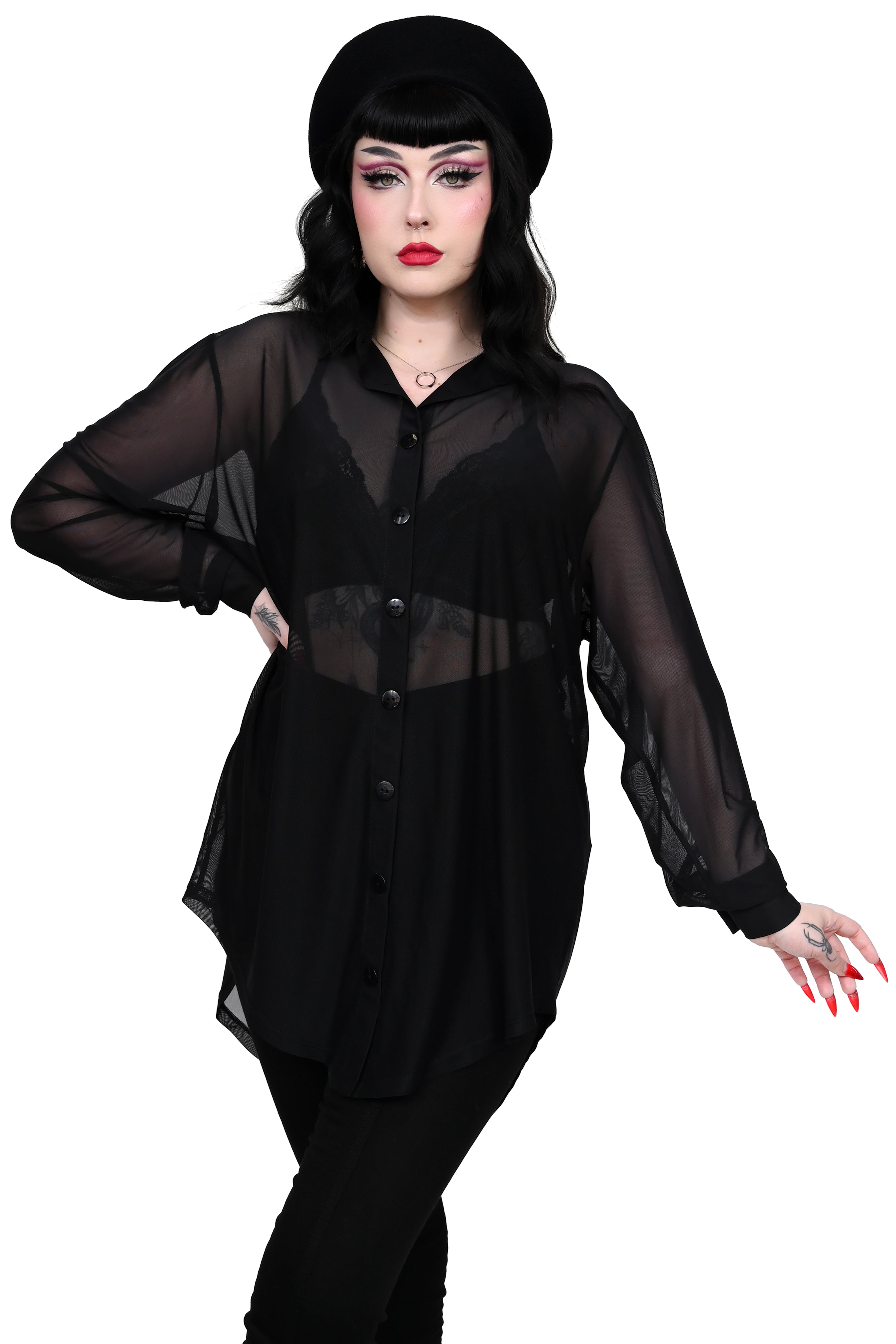 black mesh oversized button up shirt
