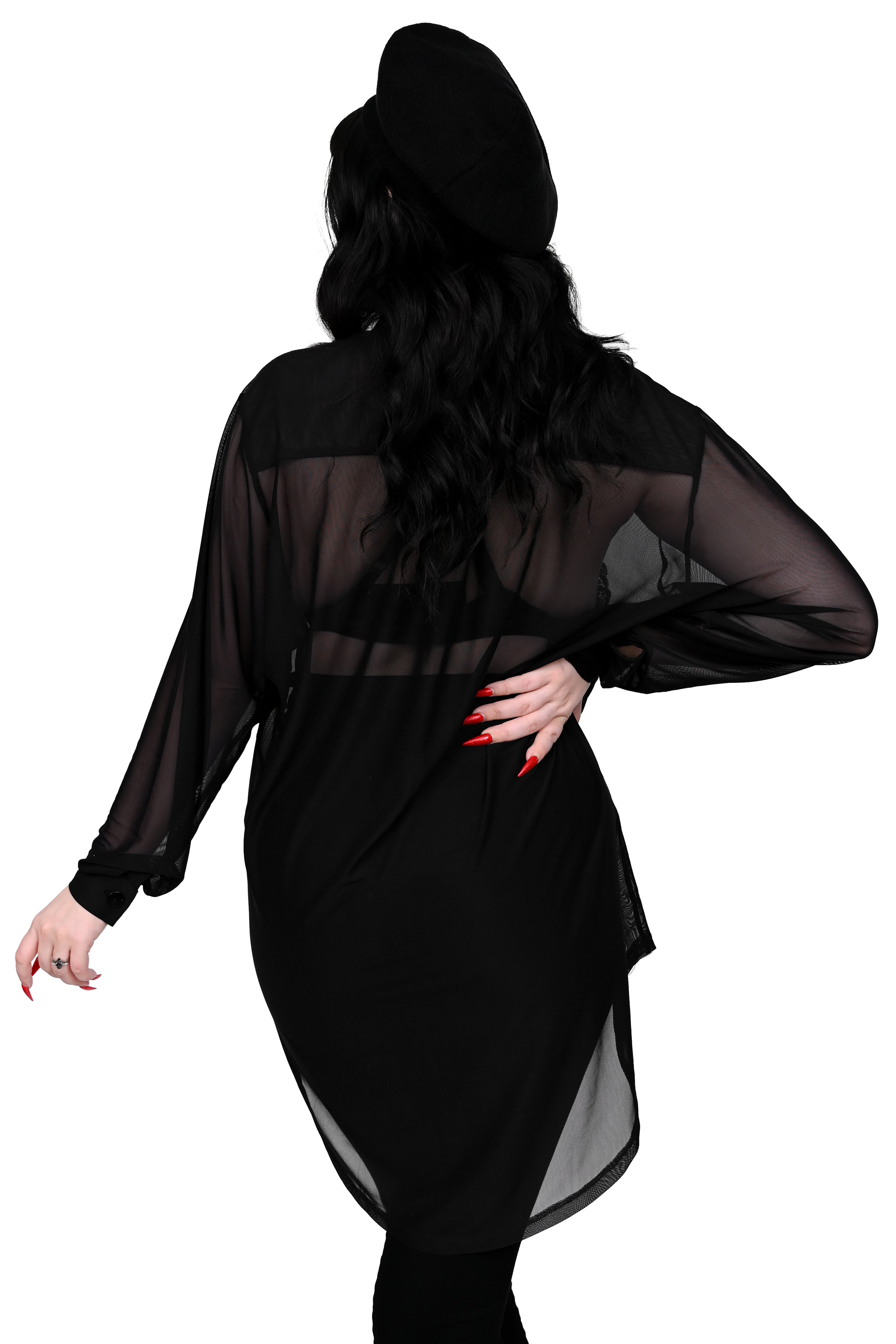 black mesh oversized button up shirt