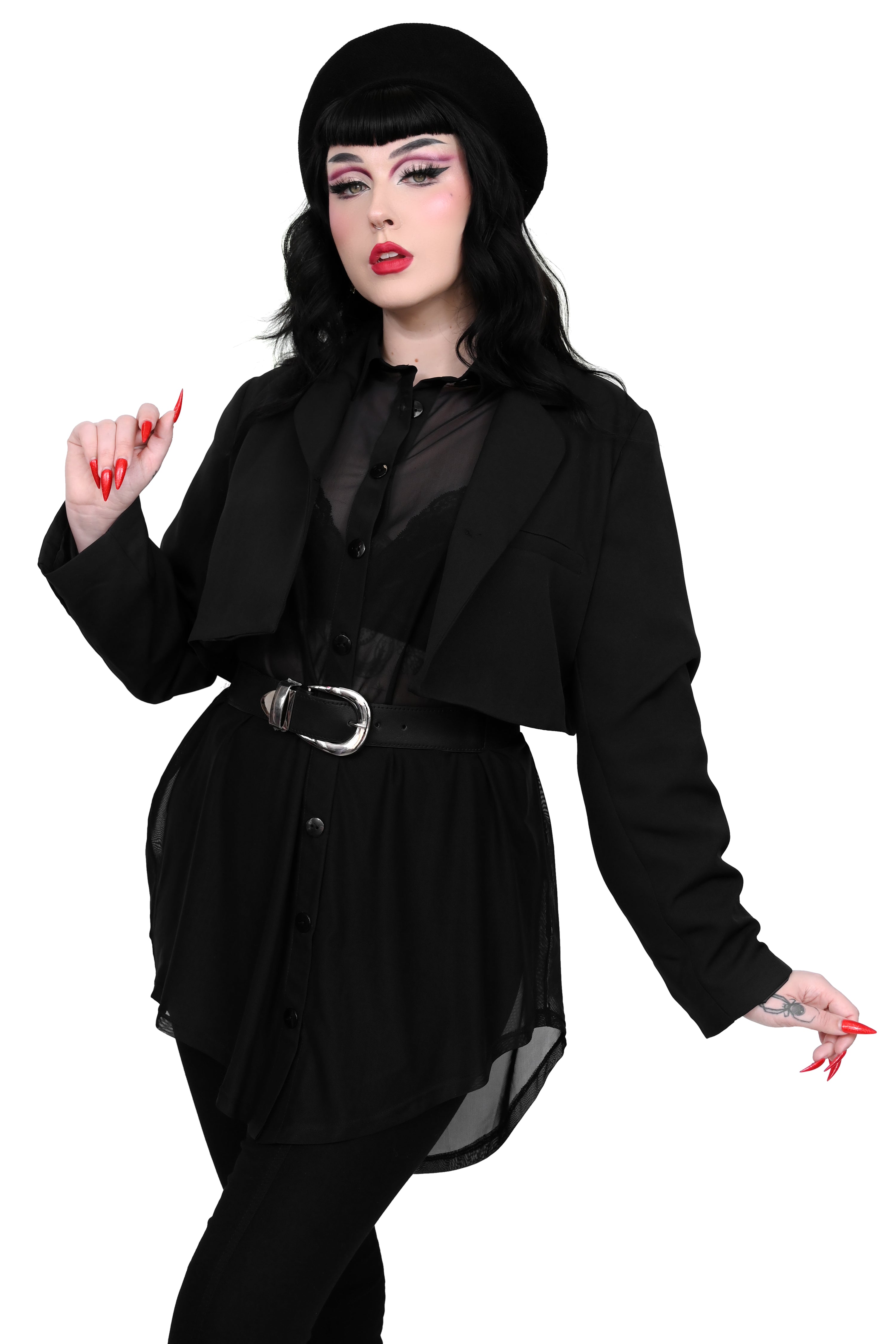black mesh oversized button up shirt