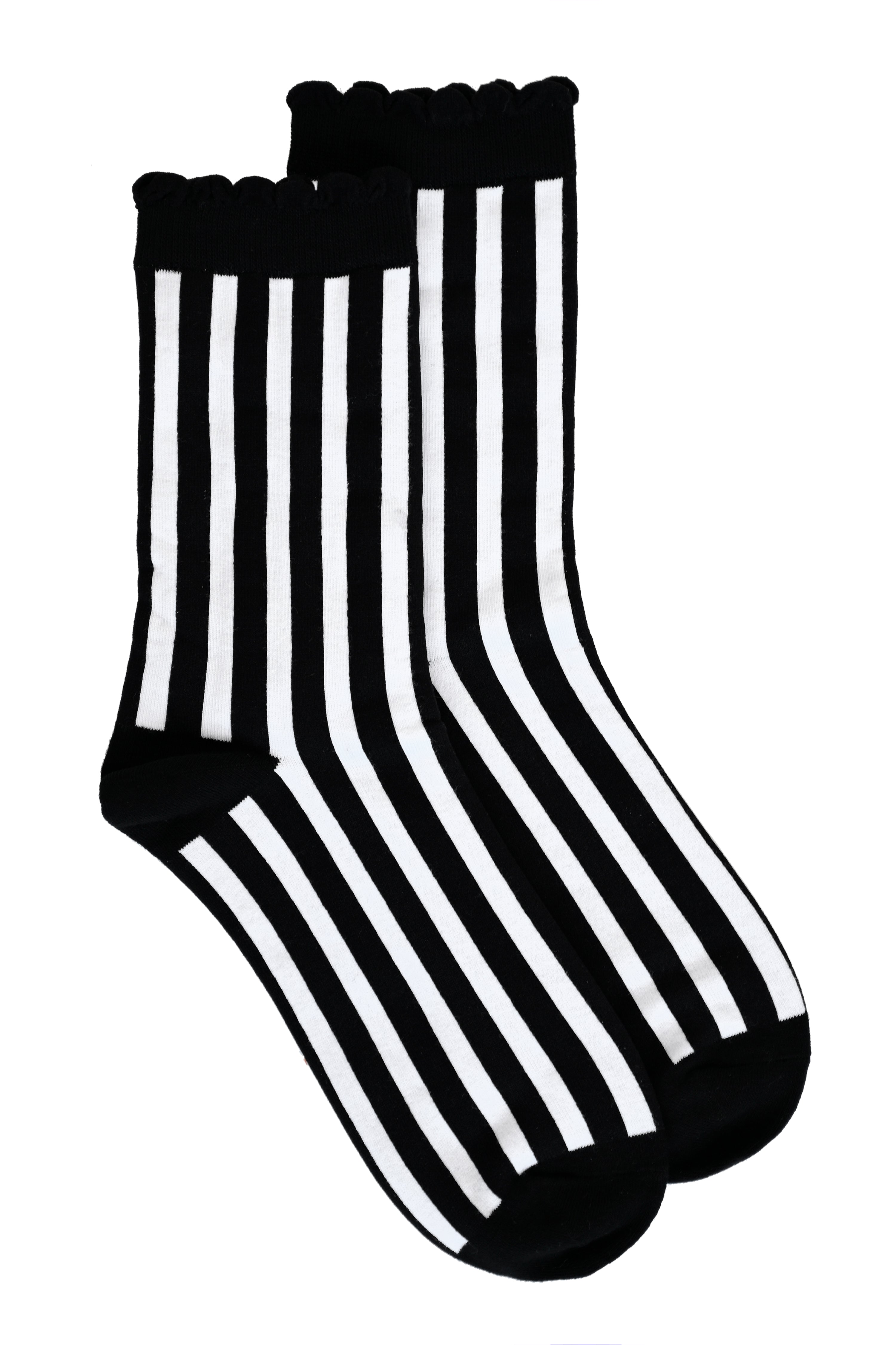 Black & White vertical stripe sock, with a delicate black ruffle edge detail.