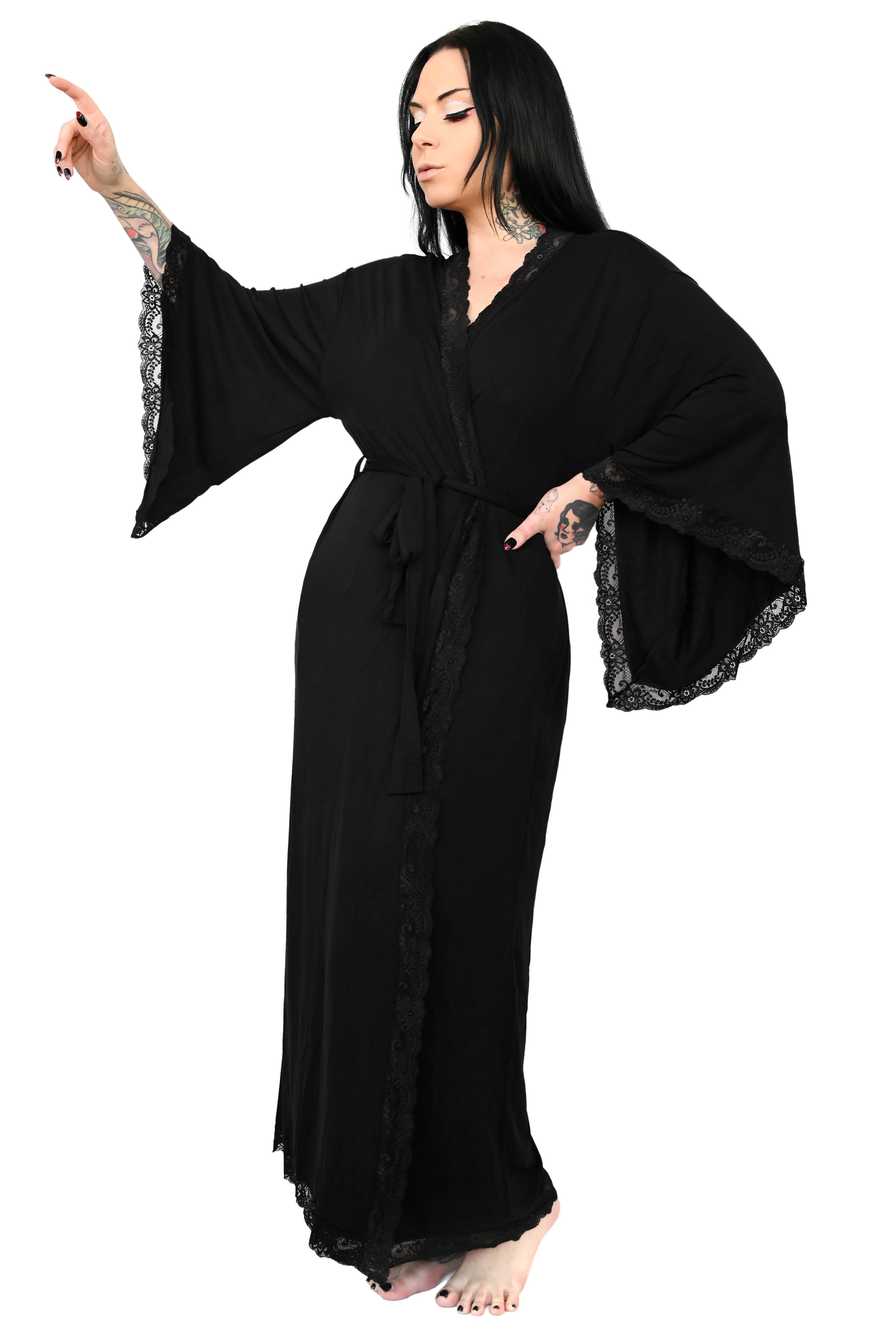 long black dressing gown lace cuff detail