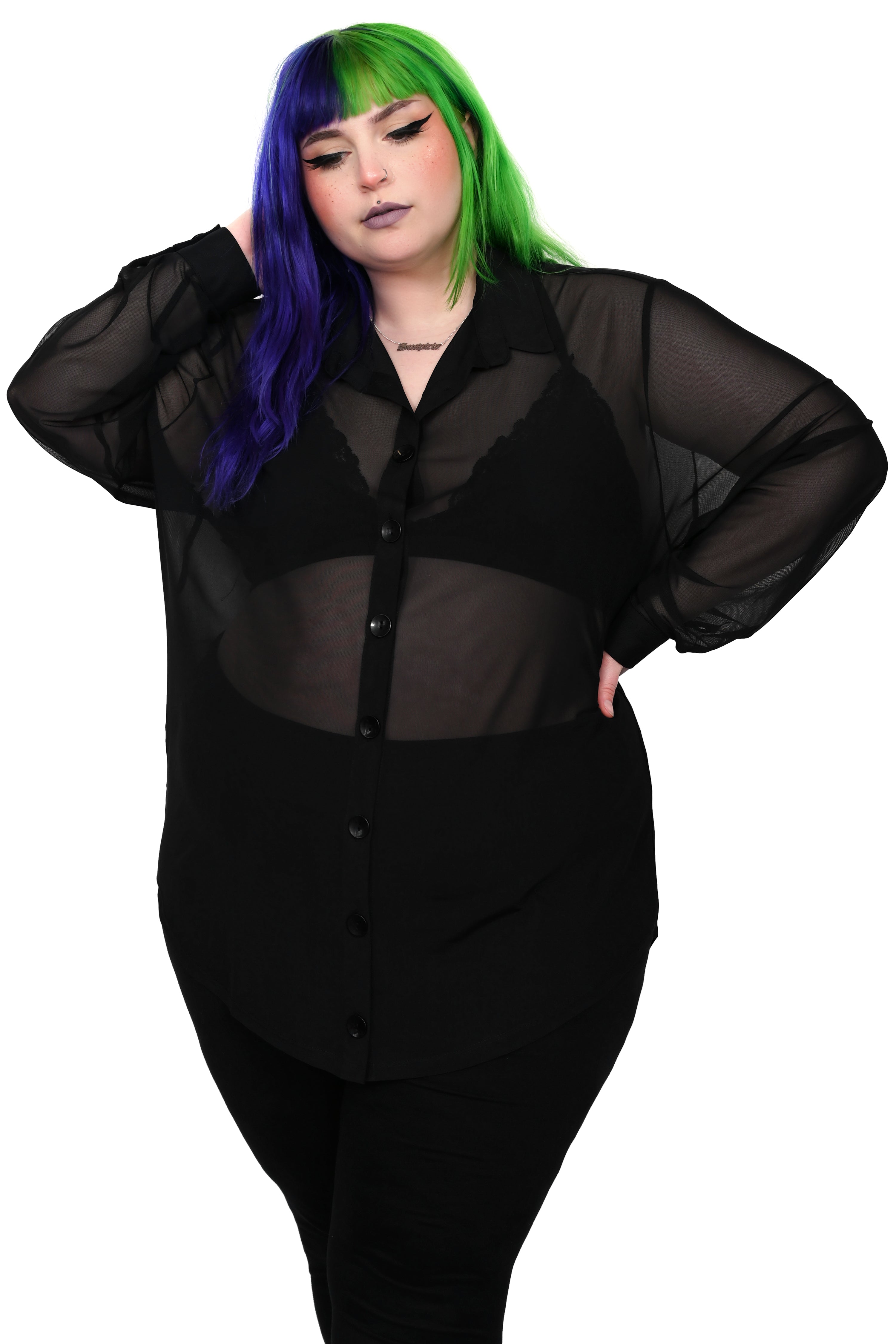 black mesh oversized button up shirt