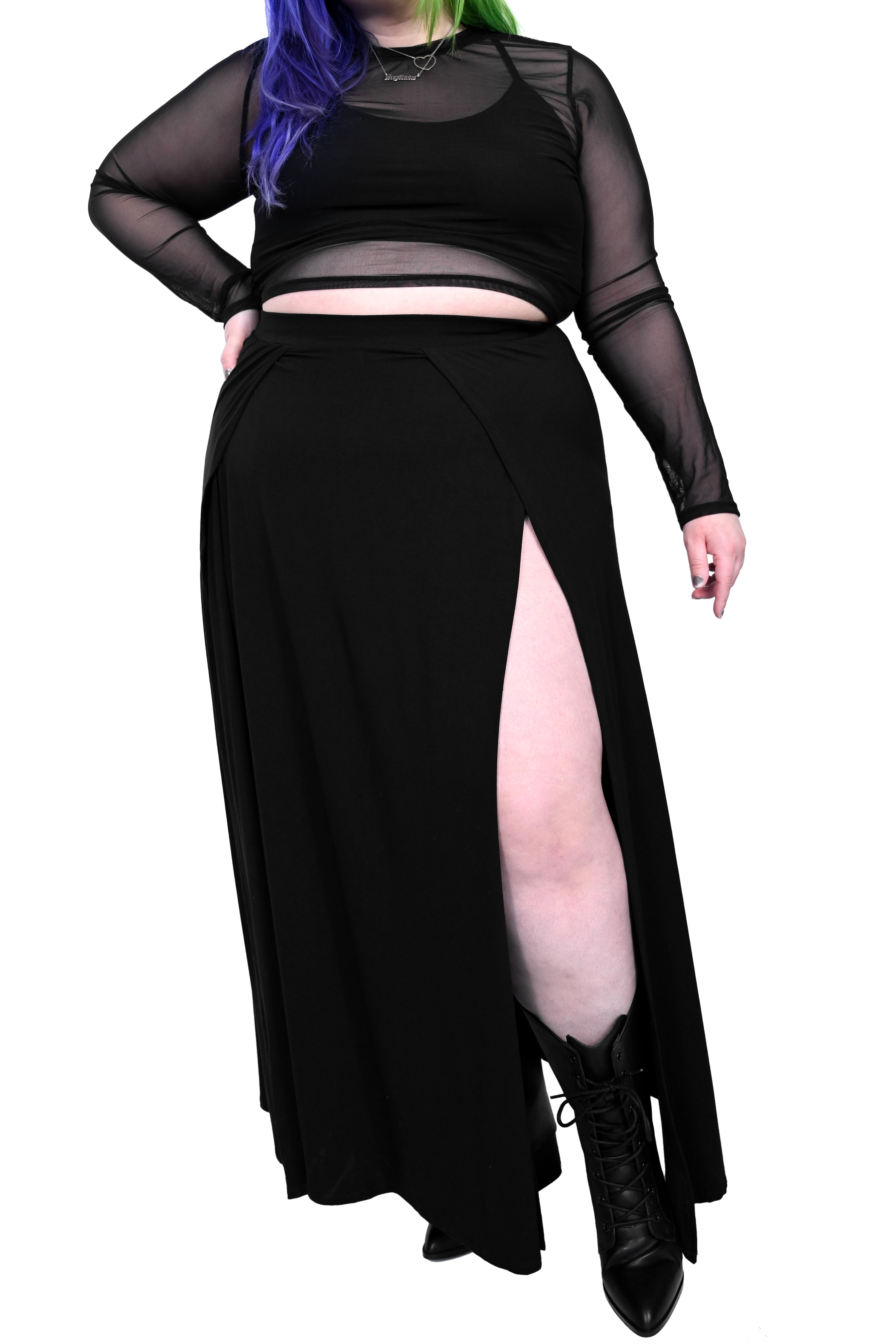 black maxi skirt with slits and shorts