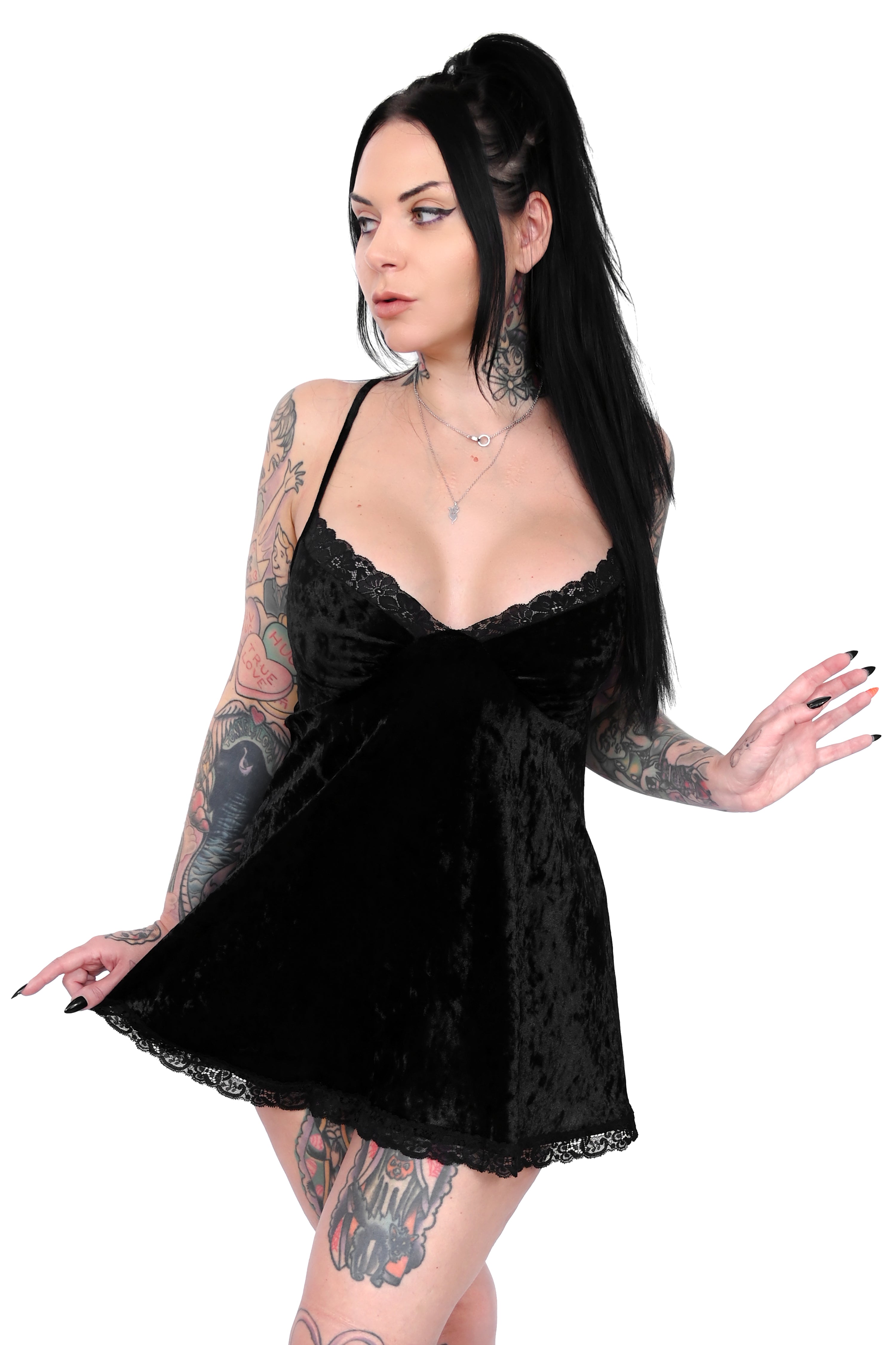soft black velvet slip dress with black lace trim and adjustable straps 