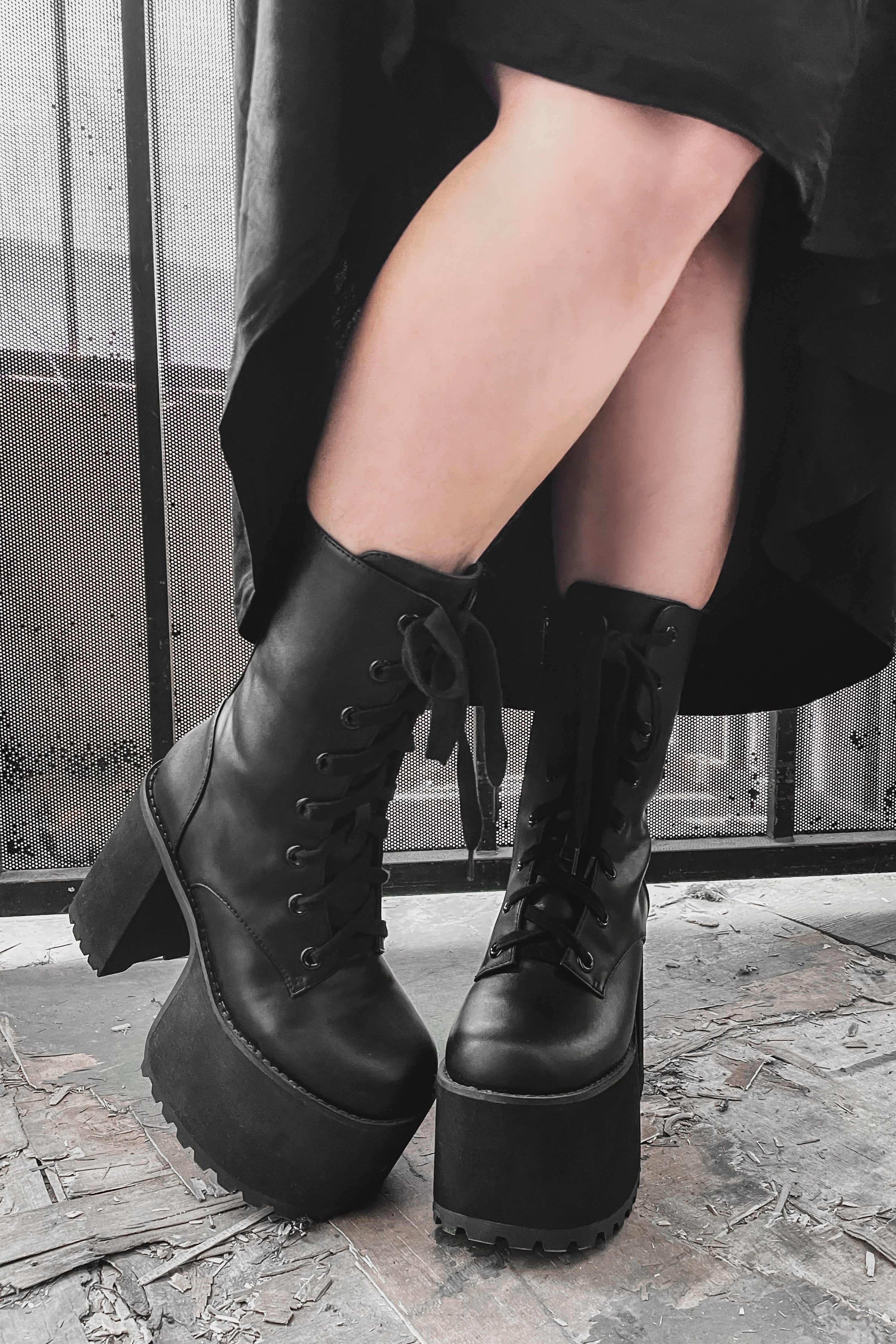 Black Vegan Leather Platform boot with a 4.5in heel, Black Eyelets and Dark Gunmetal Zipper