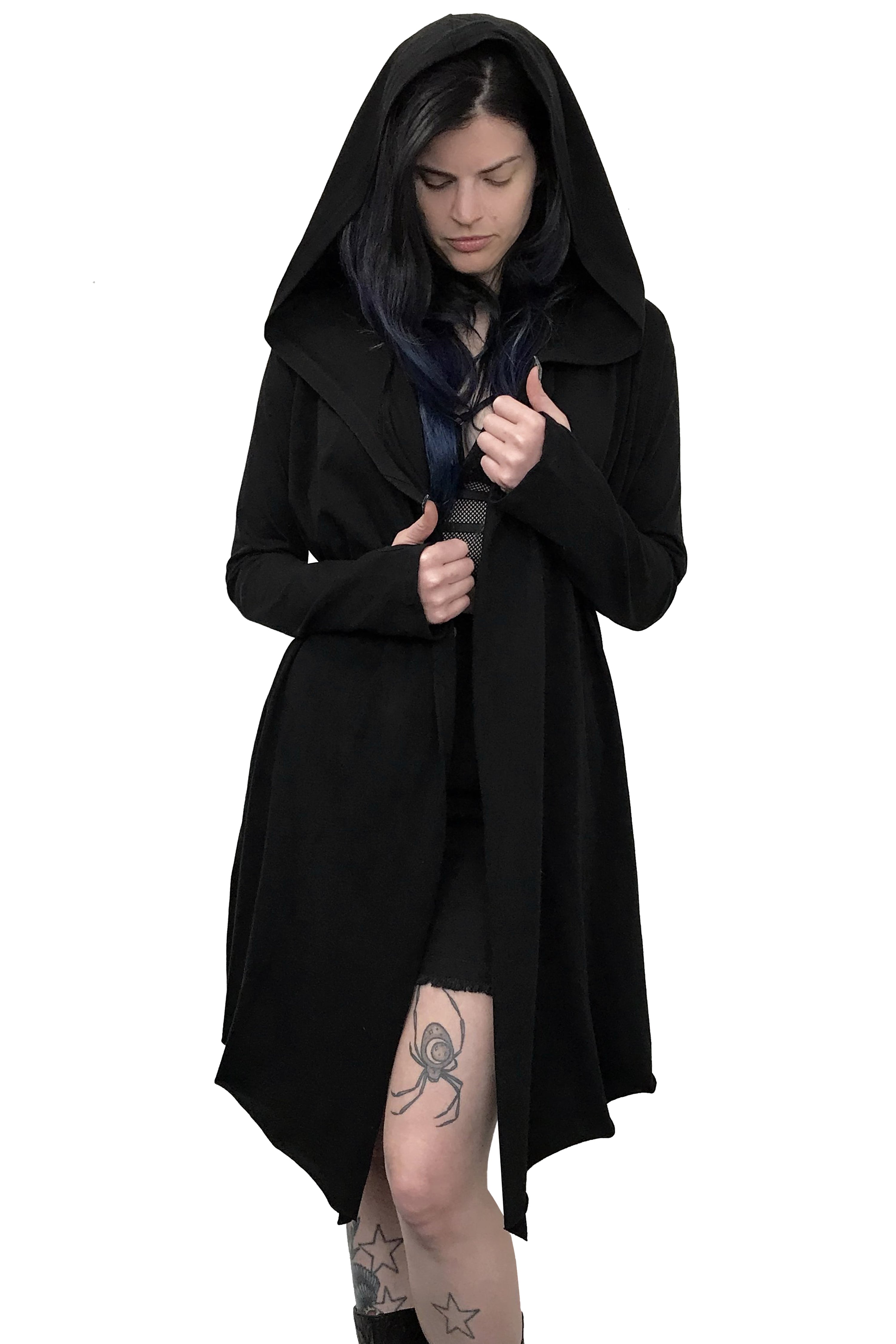 soft black open front cardigan with thumbholes and loose hood