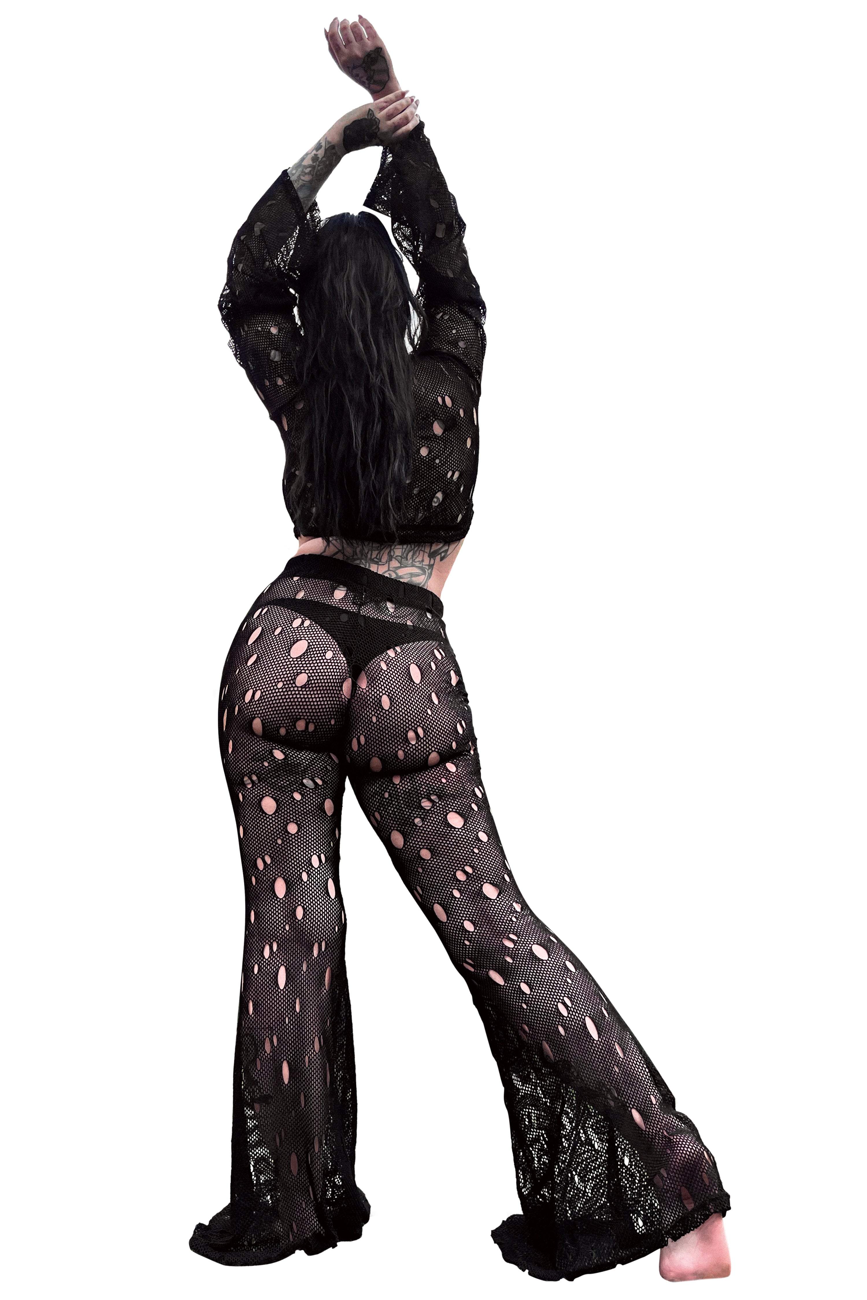 2 piece fishnet set made of a soft stretch black fishnet material. Tie front top, with loose fit bell sleeves. Elastic waist high waisted bell bottoms.