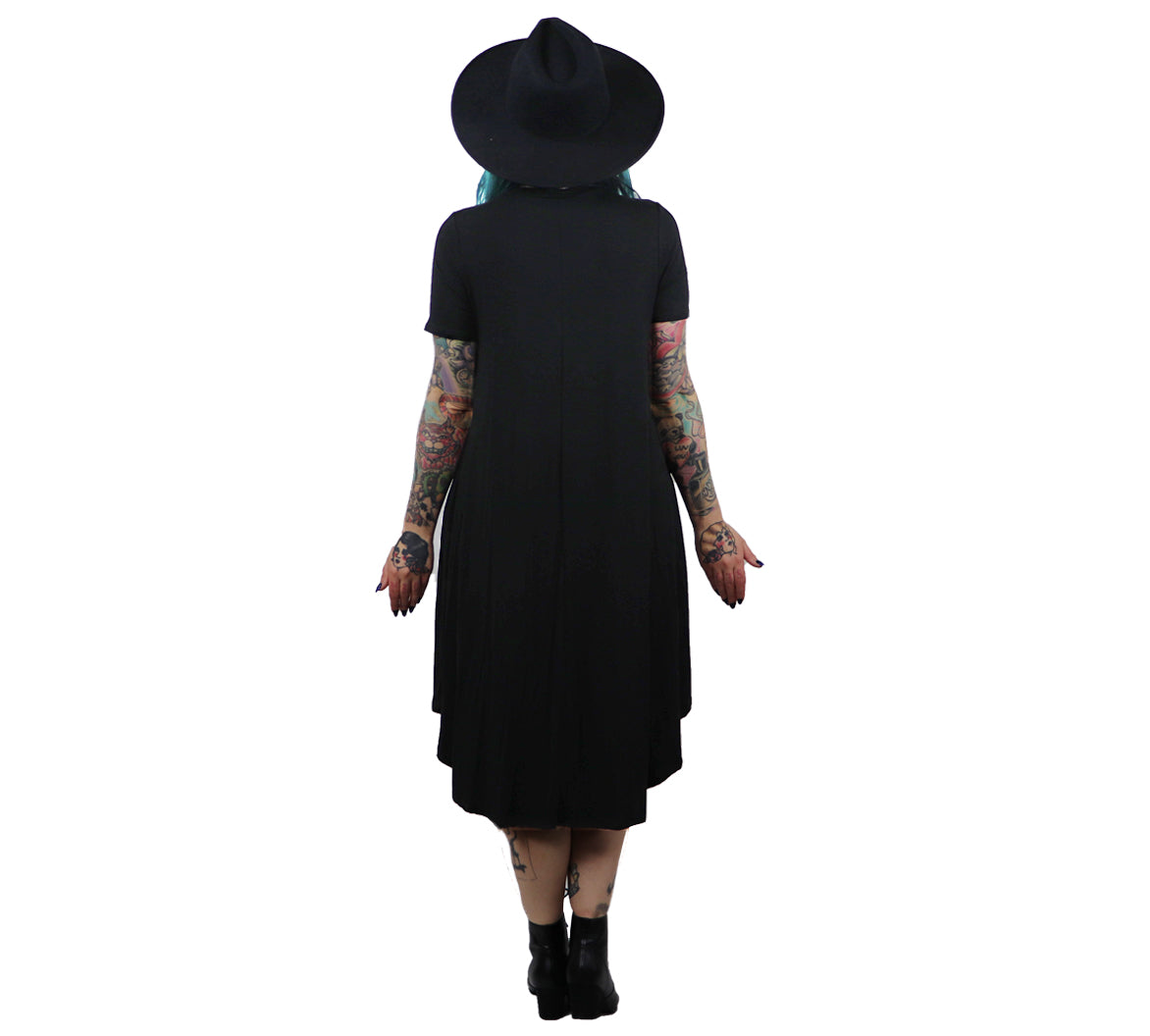 black mid length swing dress