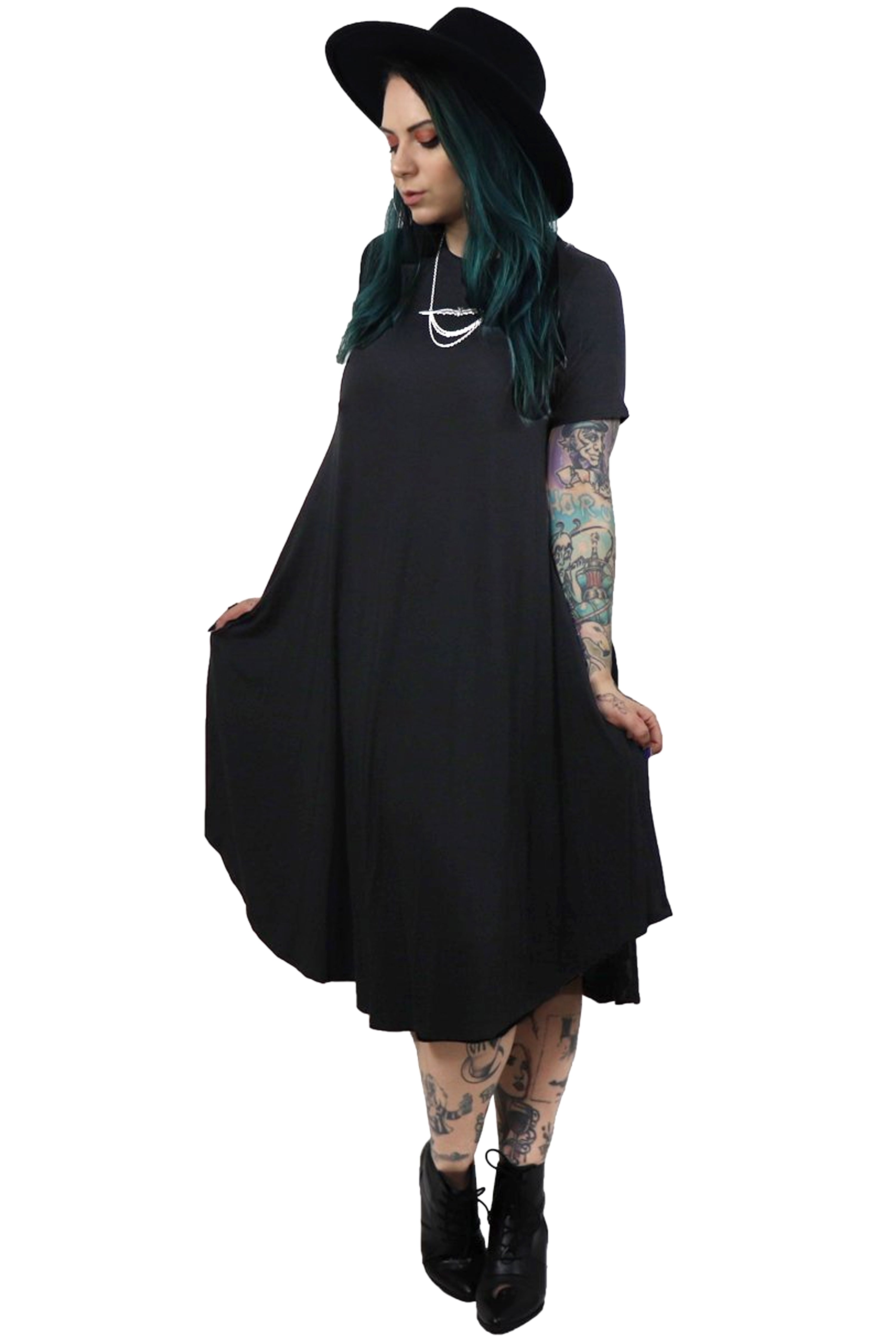 black mid length swing dress with pockets 