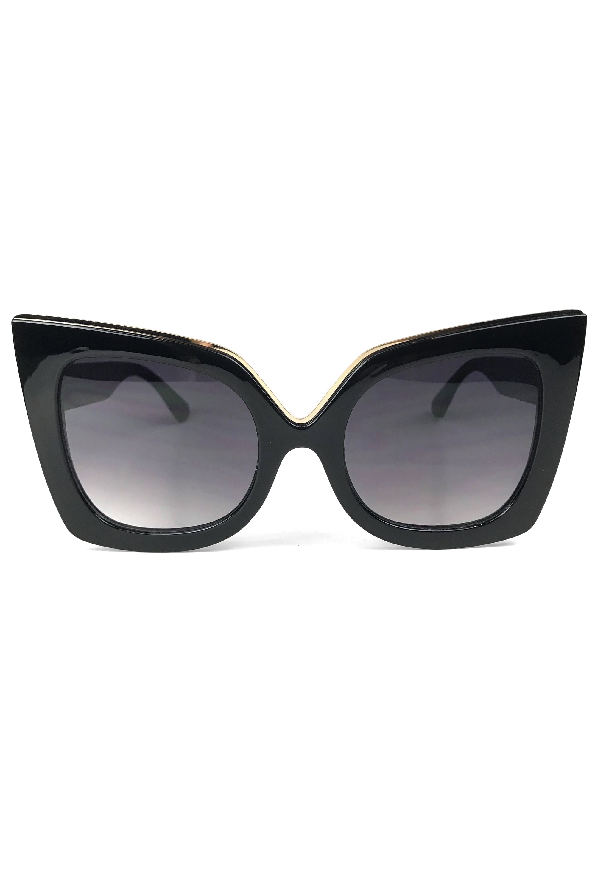 Black lucite sunglasses with gold edge detail and black lenses